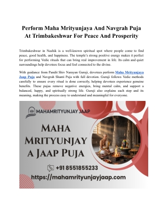 Perform Maha Mrityunjaya And Navgrah Puja At Trimbakeshwar For Peace And Prosperity