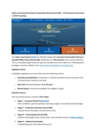 Indian Coast Guard Assistant Commandant Recruitment 2025 – 170 Vacancies Announced - CGCAT Coaching