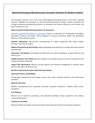 Advanced Aerospace Manufacturing: Innovative Solutions for Modern Aviation