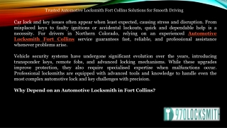 Trusted Automotive Locksmith Fort Collins Solutions for Smooth Driving