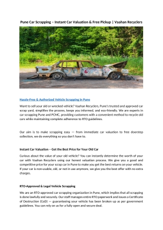 Pune Car Scrapping Instant Car Valuation & Free Pickup Vaahan Recyclers