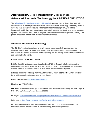 Affordable IPL 3-in-1 Machine for Clinics India – Advanced Aesthetic Technology by AARTIS AESTHETICS