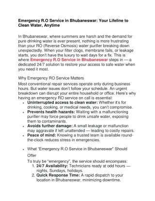 Emergency R.O Service in Bhubaneswar Your Lifeline to Clean Water, Anytime