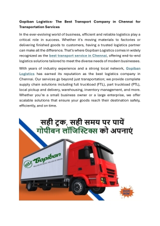 Gopiban Logistics- The Best Transport Company in Chennai for Transportation Services
