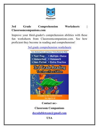 3rd Grade Comprehension Worksheets  Classroomcompanions