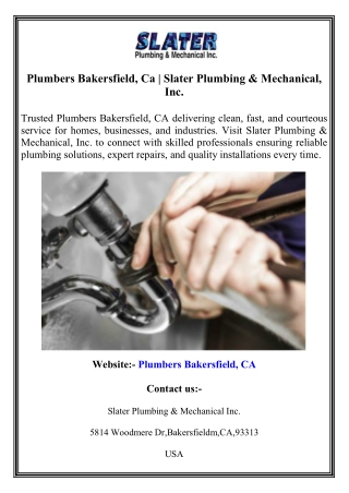 Plumbers Bakersfield, Ca  Slater Plumbing & Mechanical, Inc.