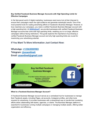 Buy Verified Facebook Business Manager Accounts with High Spending Limits for Effective Campaigns