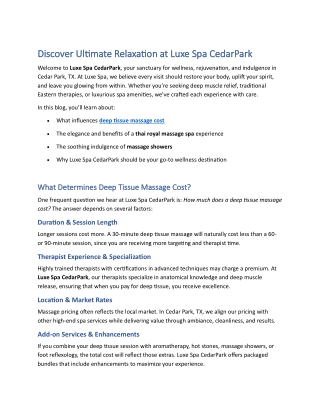 Deep Tissue Massage, Thai Royal Spa & Massage Showers in Cedar Park | Luxe Spa