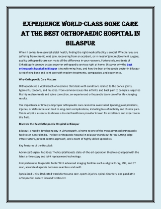Experience World-Class Bone Care at the Best Orthopaedic Hospital in Bilaspur