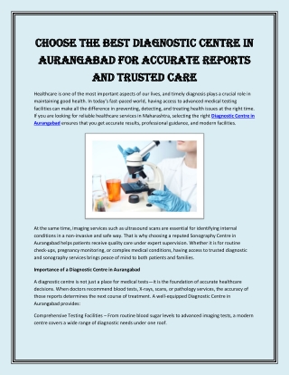 Choose the Best Diagnostic Centre in Aurangabad for Accurate Reports and Trusted Care