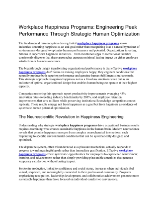 Workplace Happiness Programs Engineering Peak Performance Through Strategic Human Optimization