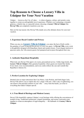 Top Reasons to Choose a Luxury Villa in Udaipur for Your Next Vacation