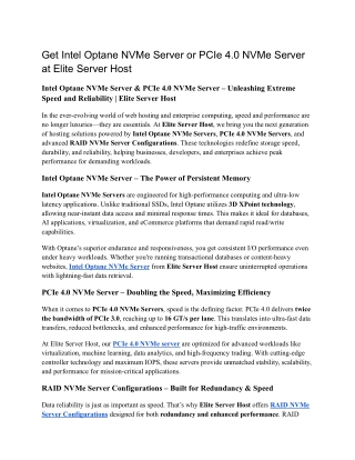 Get Intel Optane NVMe Server or PCIe 4.0 NVMe Server at Elite Server Host