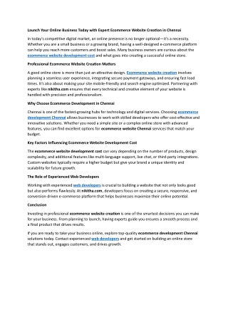 Launch Your Online Business Today with Expert Ecommerce Website Creation in Chennai