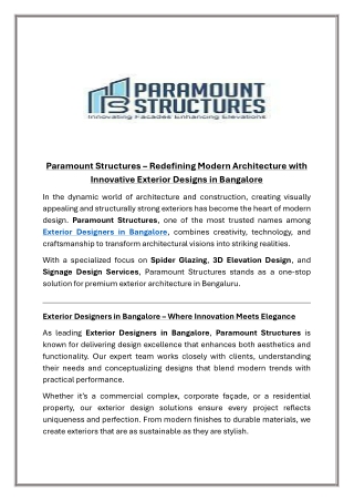 Paramount Structures – Redefining Modern Architecture with Innovative Exterior Designs in Bangalore