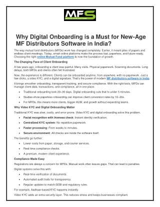 Why Digital Onboarding is a Must for New-Age MF Distributors Software in India