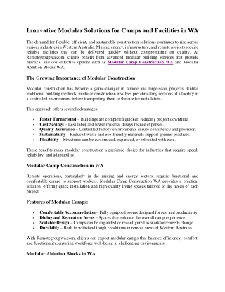 Innovative Modular Solutions for Camps and Facilities in WA