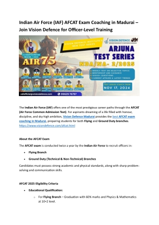 Indian Air Force (IAF) AFCAT Exam Coaching in Madurai – Join Vision Defence for Officer-Level Training
