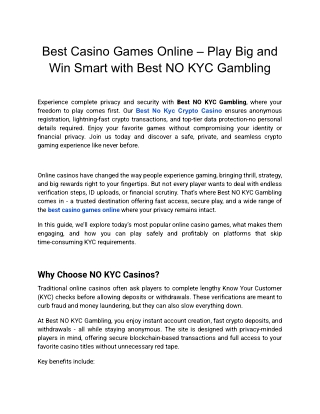 Best Casino Games Online – Play Big and Win Smart with Best NO KYC Gambling