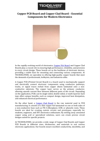 Copper PCB Board and Copper Clad Board – Essential Components for Modern Electronics