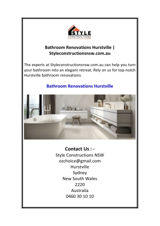 Bathroom Renovations Hurstville  Styleconstructionsnsw.com.au