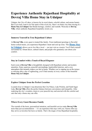 Experience Authentic Rajasthani Hospitality at Devraj Villa Home Stay in Udaipur