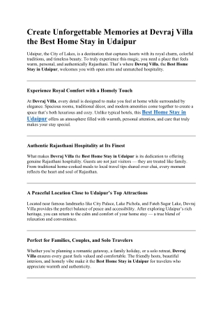 Create Unforgettable Memories at Devraj Villa the Best Home Stay in Udaipur