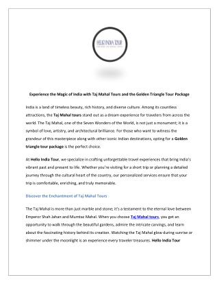 Experience the Magic of India with Taj Mahal Tours and the Golden Triangle Tour 