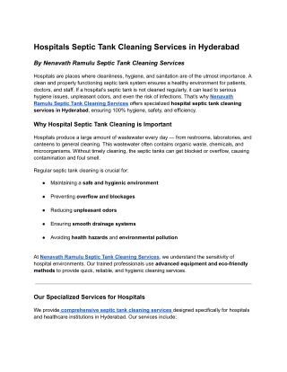 Hospitals Septic Tank Cleaning Services in Hyderabad