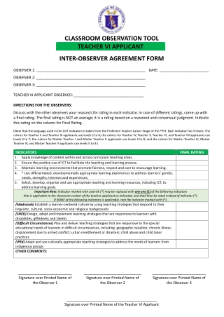 COT-Inter-Observer Agreement Form Teacher VI Applicant