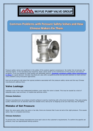 Common Problems with Pressure Safety Valves and How Chinese Makers Fix