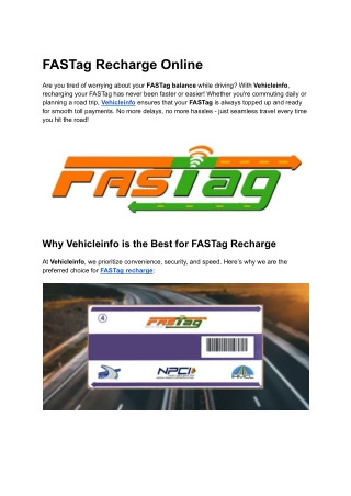 FASTag Recharge Online – Instant, Secure, and Hassle-Free with Vehicleinfo