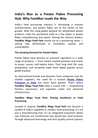 Inside Fanidhar Mega Food Park India’s Innovation in Potato Flake Processing