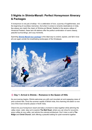 5 Nights in Shimla-Manali: Perfect Honeymoon Itinerary & Packages