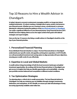 Top 10 Reasons to Hire a Wealth Advisor in Chandigarh