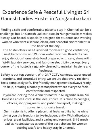 Ladies hostel in Nungambakkam, Women's hostel in Nungambakkam