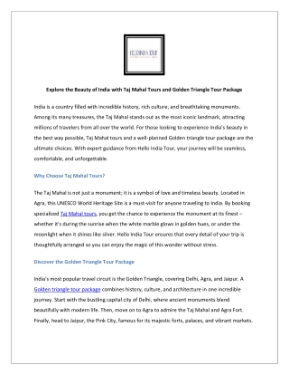 Explore the Beauty of India with Taj Mahal Tours and Golden Triangle Tour Packag