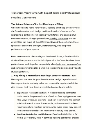 Transform Your Home with Expert Tilers and Professional Flooring Contractors