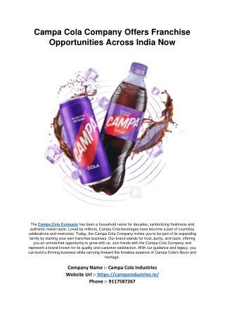 Campa Cola Company Offers Franchise Opportunities Across India Now