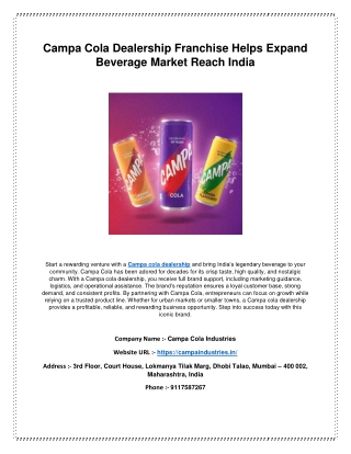 Campa Cola Dealership Franchise Helps Expand Beverage Market Reach India