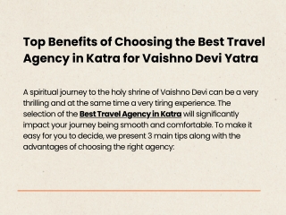 Top Benefits of Choosing the Best Travel Agency in Katra for Vaishno Devi Yatra