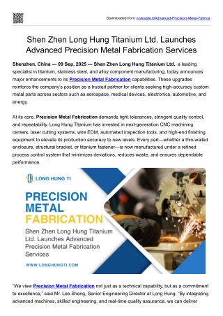 Shen Zhen Long Hung Titanium Ltd. Launches Advanced Precision Metal Fabrication Services