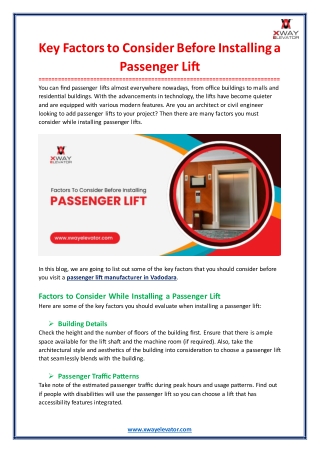 Key Factors to Consider Before Installing a Passenger Lift