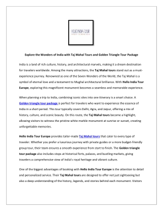 Explore the Wonders of India with Taj Mahal Tours and Golden Triangle Tour Packa