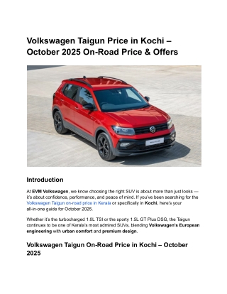 Volkswagen Taigun Price in Kochi – October 2025 On-Road Price & Offers