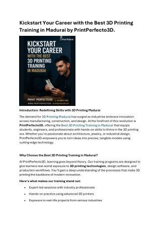 Kickstart Your Career with the Best 3D Printing Training in Madurai by PrintPerfecto3D