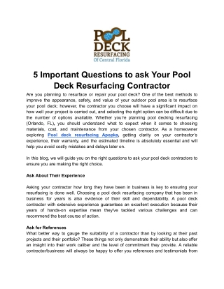 5 Important Questions to ask Your Pool Deck Resurfacing Contractor