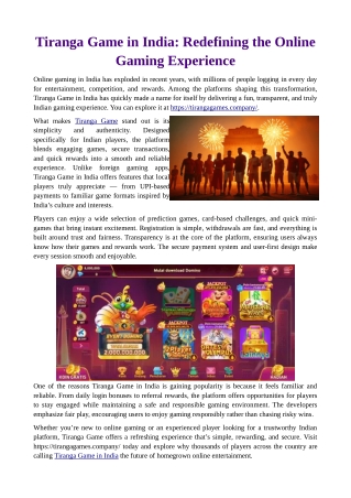 Tiranga Game in India: Redefining the Online Gaming Experience