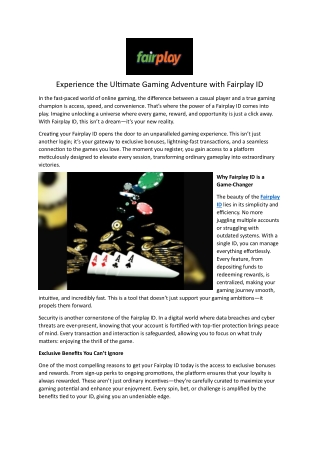 Experience the Ultimate Gaming Adventure with Fairplay ID