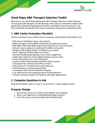 Small Steps ABA Therapist Selection Toolkit for Dubai Parents